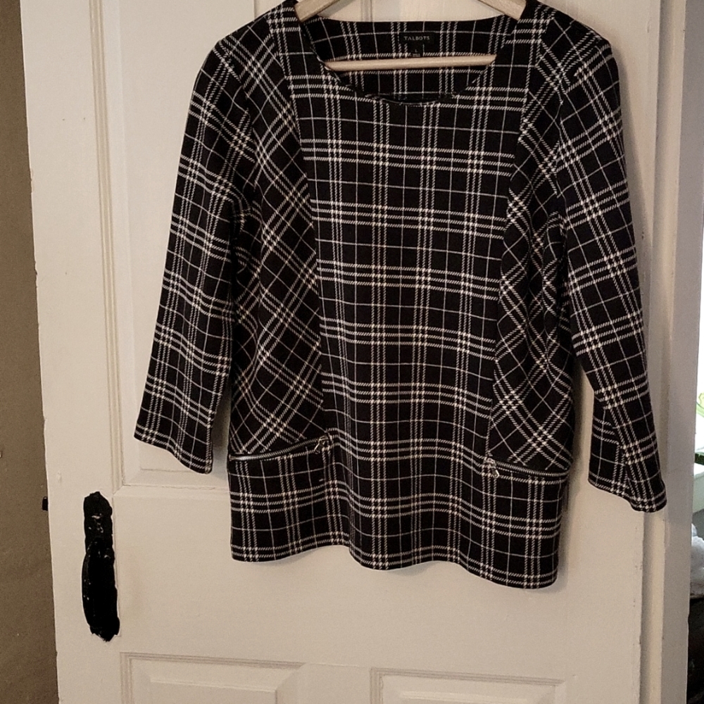Talbots Jacquard Zip Black and White Plaid Top - Size Large